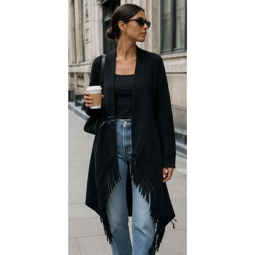 NakedCashmere 100% Cashmere Fringe Long Cardigan Sweater Black Size S - Picture 3 of 10